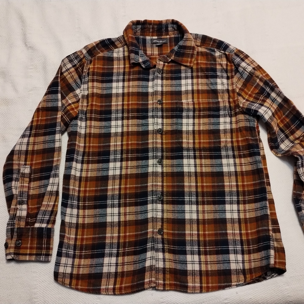 Eddie Bauer flannel, orange & blue, 100%cotton, men's medium